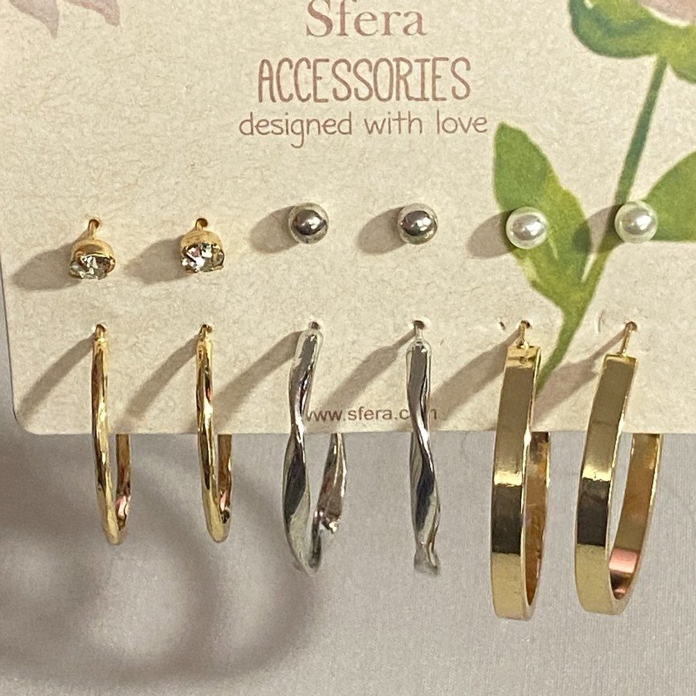 Sfera 6 Pair Fashion Earrings Accessories Gold Silver Hoops Posts New